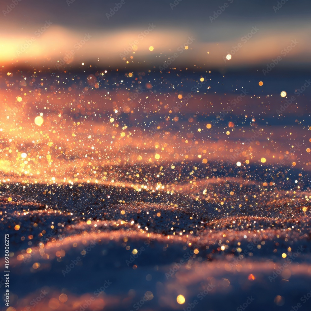 Poster sparkling light reflection at sunrise over water surface with shimmering bokeh effect in soft focus 