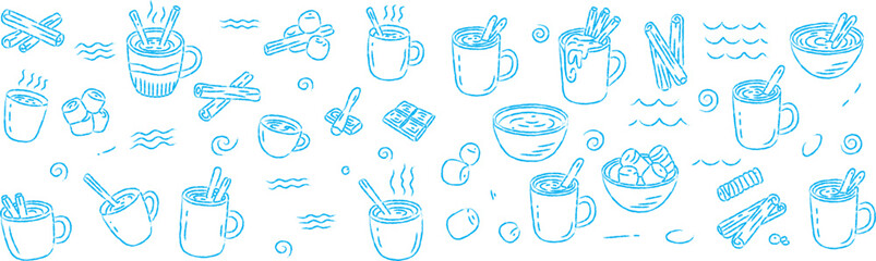 Hand Drawn Vintage Winter Hot Drink Bar Illustration with Mugs Cinnamon Marshmallows Chocolate Spoons
