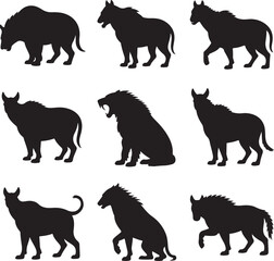Obraz premium Set of nine black silhouettes of large wild animals on a white background lion roaring