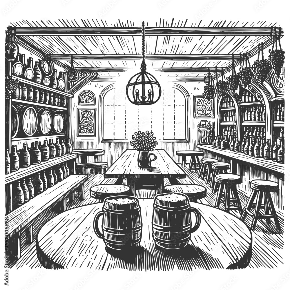 Poster old tavern with wooden tables, stools, and frothy beer mugs, capturing a rustic and medieval pub atm