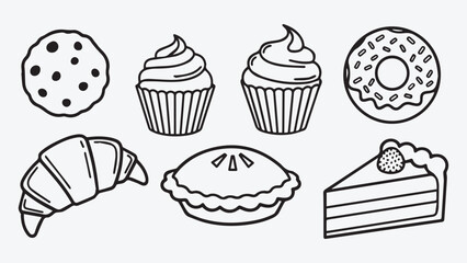 Black and White Vector Icons of Bakery and Dessert Items Cookies Cupcake Donut Croissant Pie