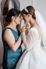 Fototapeta premium Sisterly bond shared before wedding ceremony in elegant setting