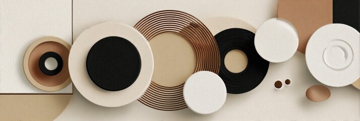 Abstract composition of layered circles in beige, brown, and white