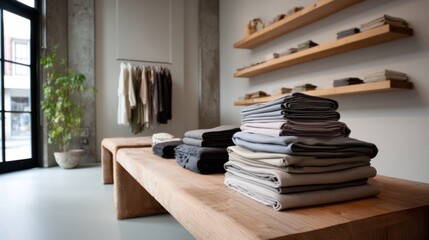 Stylish interior of a modern clothing store featuring neatly folded garments displayed on wooden bench and shelves