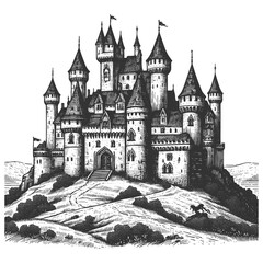 Obraz premium grand medieval castle on a hill with high towers, gates, cottages, and surrounding landscape sketch engraving generative ai vector illustration. Scratch board imitation. Black and white image.
