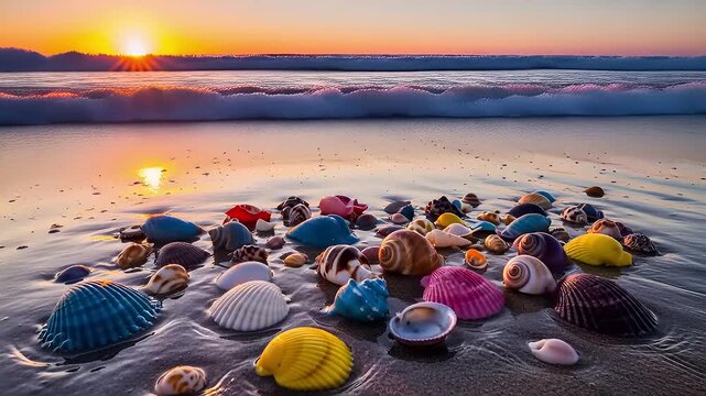 Colorful seashells scattered on a sandy beach at sunset, with gentle waves and mountains in the background