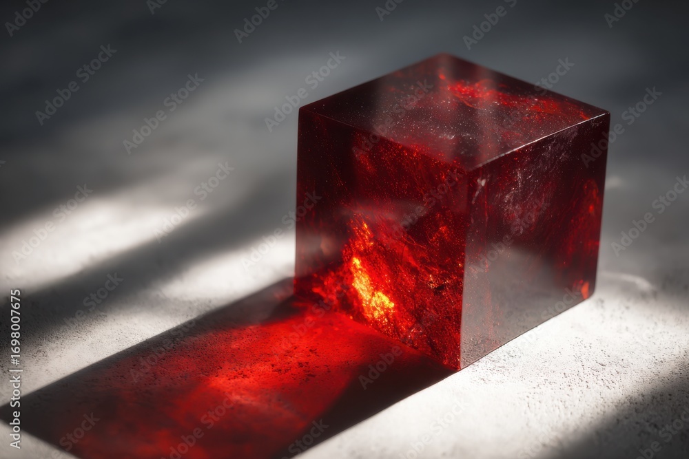 Poster translucent red cube with light reflections on surface, abstract art design element in modern aesthe