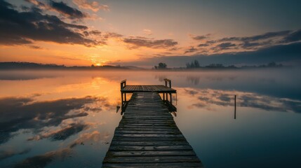 Obraz premium Tranquil Sunrise Over Misty Lake with Wooden Pier Reflection in Still Waters and Soft Cloudy Sky