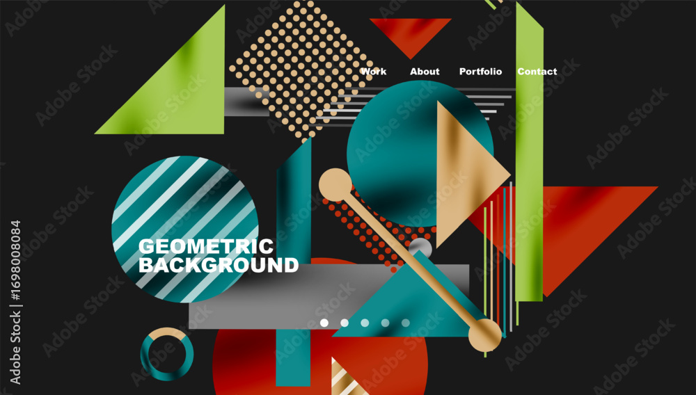 Poster abstract geometric composition. shapes overlap, creating dynamic visual interest. colors include tea
