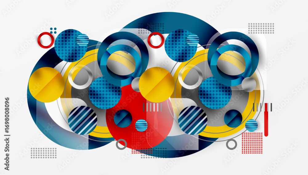 Poster abstract composition. overlapping circles, rectangles, lines create dynamic visual effect. colors in