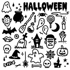 Halloween doodle vector set with ghosts, pumpkin, vampire and haunted house