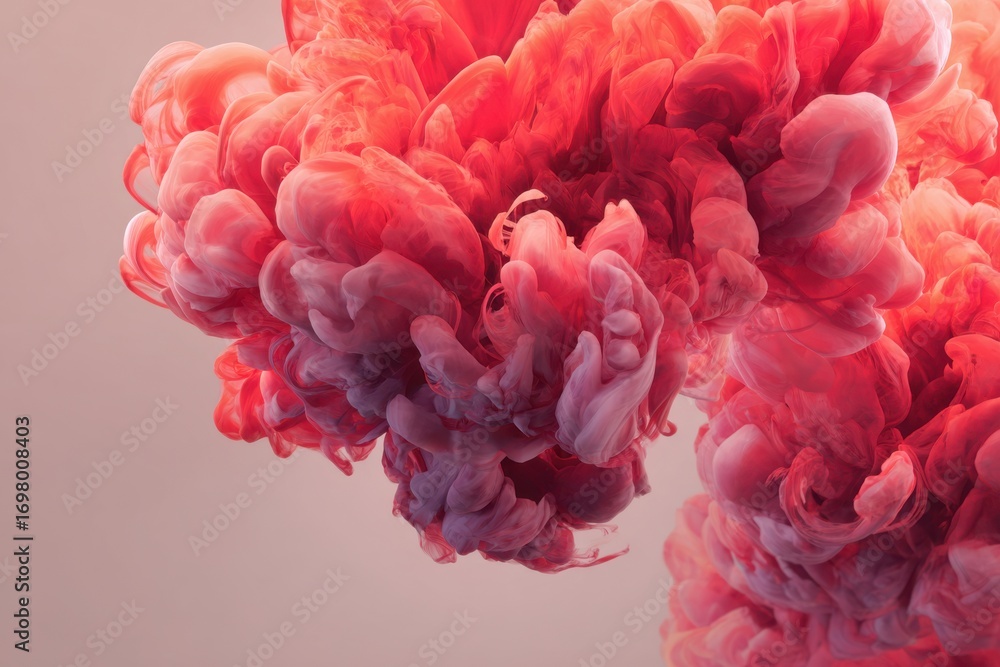 Poster vibrant swirls of pink and red ink spreading in water creating beautiful abstract patterns and textu