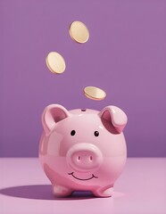 Pink piggy bank with coins falling into slot on purple background