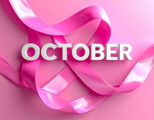 Fototapeta premium An elegant campaign banner for Breast Cancer Awareness Month, showcasing a glossy pink ribbon swirling around the 3D text 'October'