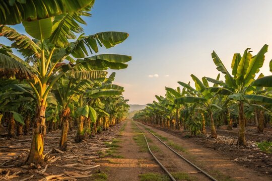 Banana plantation with tropical trees at sunset