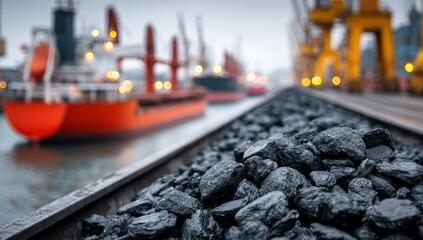 Coal loading dock. Blurry cargo ships in the background