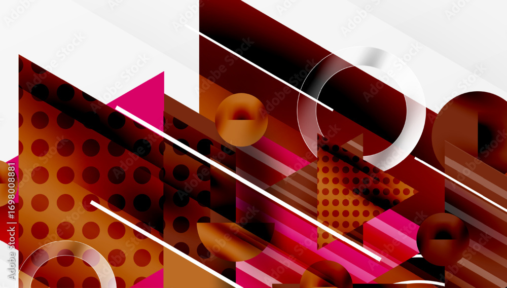 Poster abstract geometric composition. shapes overlap, creating dynamic visual effect. colors include red, 