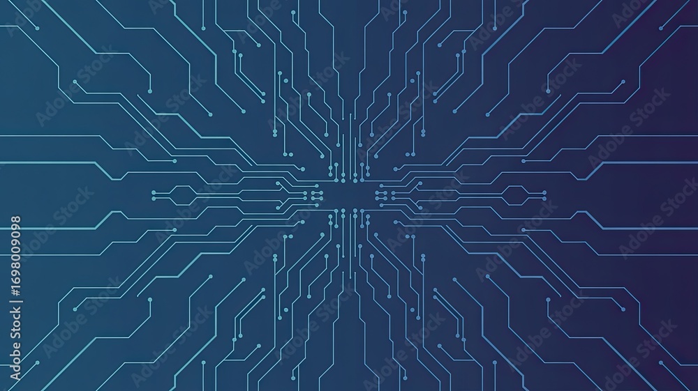 Poster abstract digital circuit board pattern with glowing lines and deep blue to purple gradient backgroun