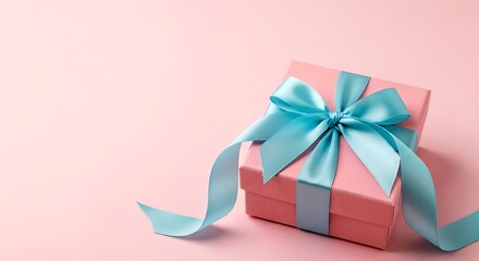 Pastel Pink Gift Box with Pale Blue Satin Ribbon on Matte Tonal Background