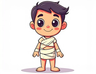 Cute cartoon boy character wrapped in bandages, smiling cheerfully. Vector illustration of a child mummy for Halloween or medical concepts