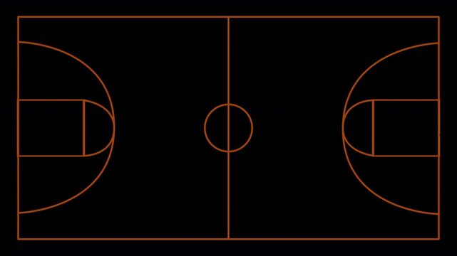 Basketball court outline orange red line markings animated drawing sketch illustration lines sports animation 4K with invisible transparent alpha channel