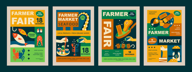 Farmers Market Flyer Templates. Geometric Mosaic Meat and Fish Posters