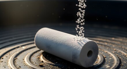 Small white beads falling onto a dusty, cylindrical object, creating a textured surface in soft light.