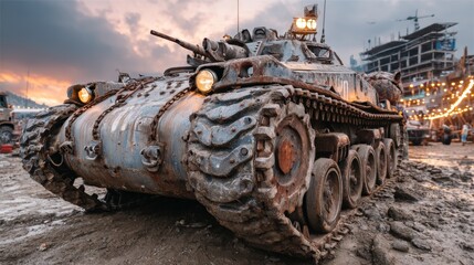 Rustic tank in urban setting with dramatic sunset ambiance