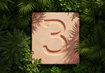 Number three carved in bold sans-serif style into a pastel coral stone slab, set among dense tropical foliage, soft natural light, shallow depth of field.