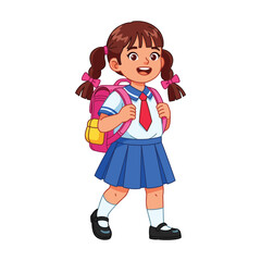 Happy Schoolgirl Walking to Class in Uniform, Cartoon Style Illustration