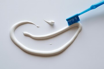 Bright blue toothbrush spreading fresh white toothpaste in a clean, modern studio setting for dental care promotion