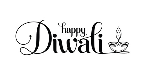 happy diwali greeting with decorative cursive text, flame accent, and traditional diya illustration celebrating festival of lights © Zavivec