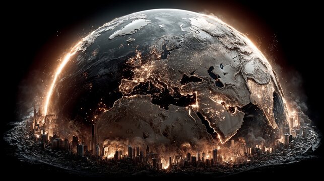 Dramatic imagery of a war-torn earth with glowing cityscapes