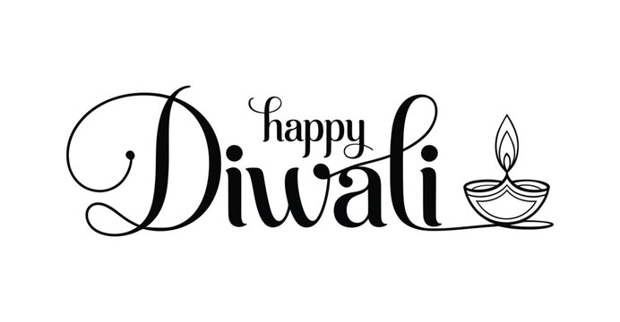 happy diwali greeting with decorative cursive text, flame accent, and traditional diya illustration celebrating festival of lights - Powered by Adobe