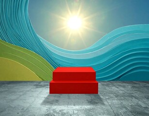 Red podium against a colorful abstract background