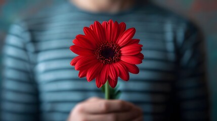 Man in striped shirt holds vibrant red gerbera daisy flower close to chest as a gesture of love