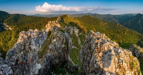 Scenic panoramic view of rocky peaks and green forested mountains in Great Fatra National Park, Slovakia. Summer hiking trail under clear sky and soft evening light in Central Europe.