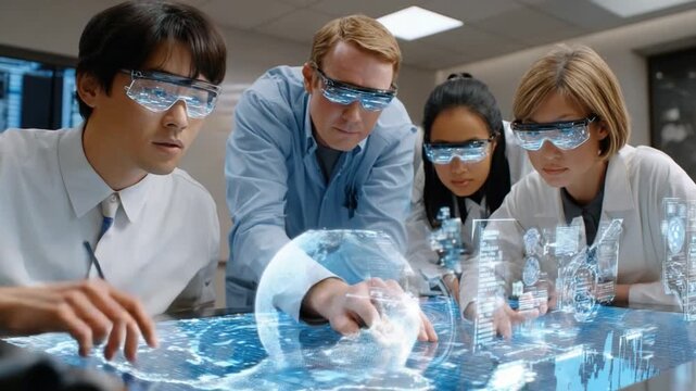 Technological Innovation: A team of scientists collaboratively analyzes holographic projections, immersed in a futuristic laboratory, exploring the cutting edge of science and technology.