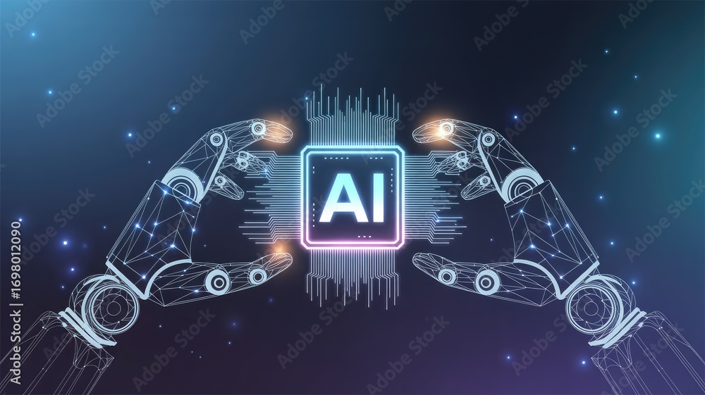 Poster futuristic ai chip held by robotic hands representing artificial intelligence innovation and technol