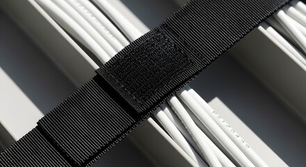 Detailed view of black velcro cable ties tidily bundling white data cables in a structured IT environment, highlighting efficient cable management solutions.