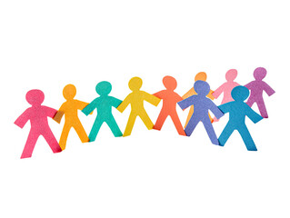 Colorful paper cut-out figures linked hand-in-hand, forming a row against a black backdrop.  A diverse group of simple paper people