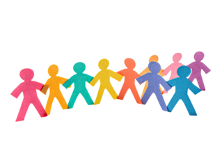 Colorful paper cut-out figures linked hand-in-hand, forming a row against a black backdrop.  A diverse group of simple paper people