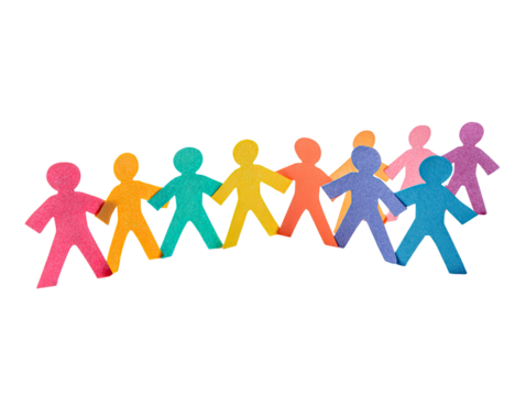 Colorful paper cut-out figures linked hand-in-hand, forming a row against a black backdrop.  A diverse group of simple paper people