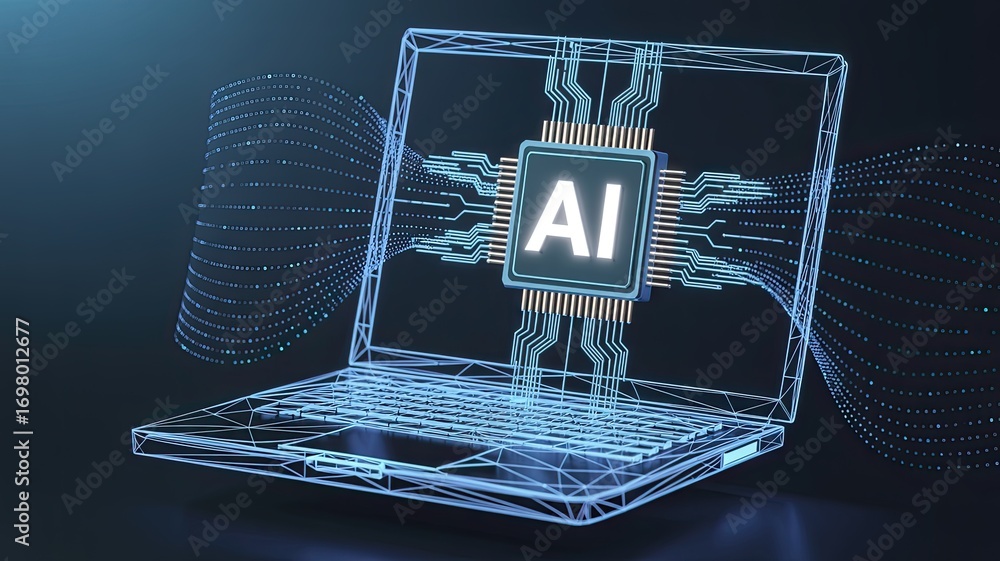 Poster futuristic ai concept glowing inside an open laptop screen with circuits and blue digital patterns