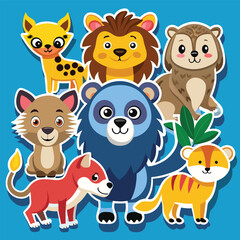 Fototapeta premium Colorful cartoon animals gathered together in playful scene