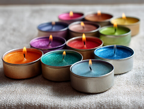 Collection of colorful tealight candles with flickering flames on a textured surface
