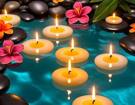 Minimalist spa flat lay with candles, tropical leaves, smooth stones, and essential oil bottles on beige background. Perfect for beauty, wellness, relaxation, self-care, and health advertising.