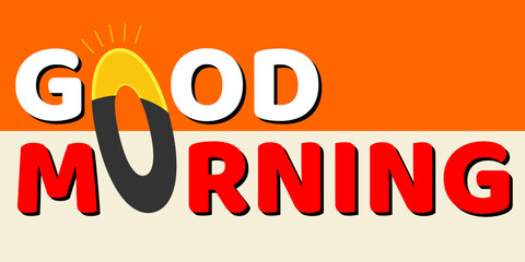 Creative GOOD MORNING text with sunrise themed letter design on beige background, perfect for greeting cards, wellness content, and motivational branding.