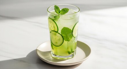 Refreshing Cucumber Mint Infused Water - Clear Glass, Bright Sunlight, Minimalist Aesthetic.