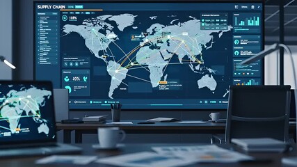 Digital supply chain management dashboard displaying global logistics data and analytics in an office - Powered by Adobe